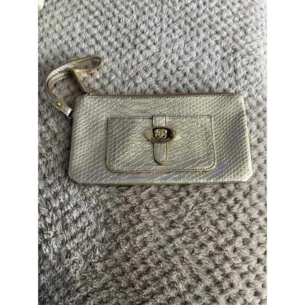 Sharif Gold Croc Embossed Makeup Bag/Clutch Wrist Strap Evening Bag